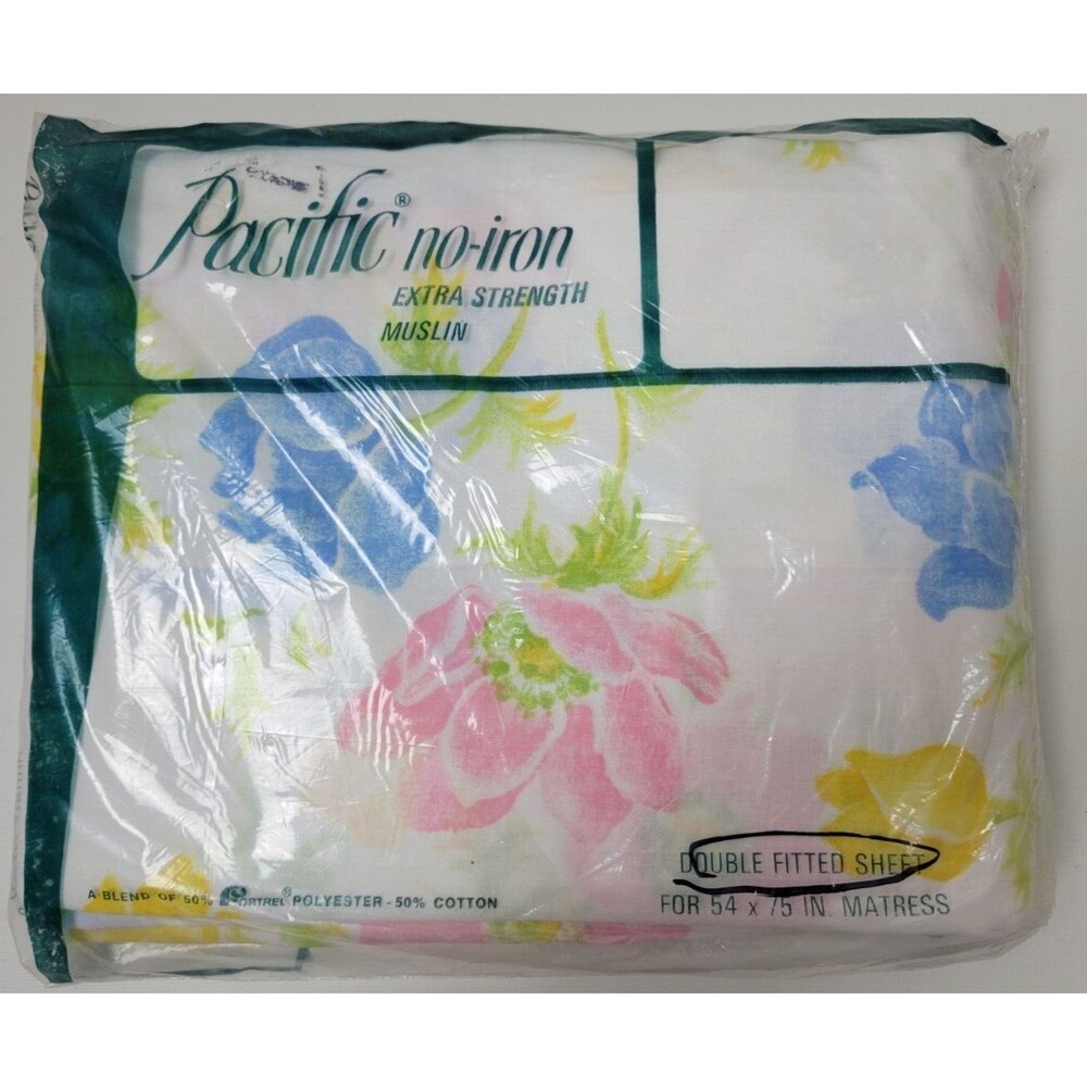 Vintage NIP Pacific Muslin‎ Full Fitted Sheet Floral Anemones